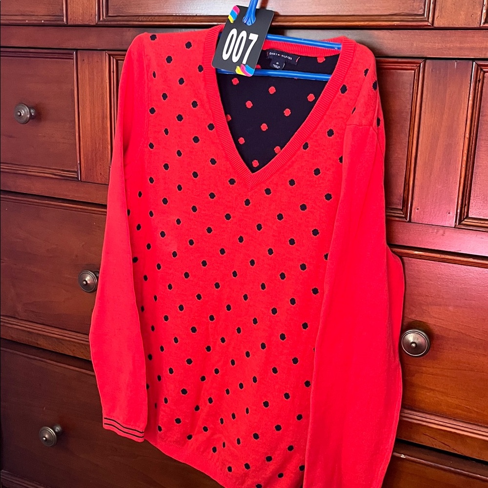 Tommy Hilfiger Polka Dot V-Neck Sweater – Orange/Red & Navy, Size S/M